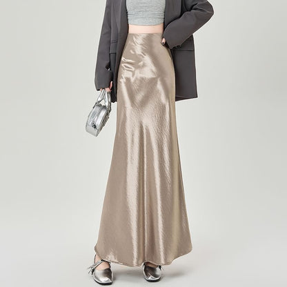 High-Rise Satin Solid Long Mermaid Skirt