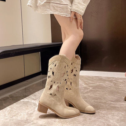 Heel Cutout Boots Mid-Calf Embroidered Chunky