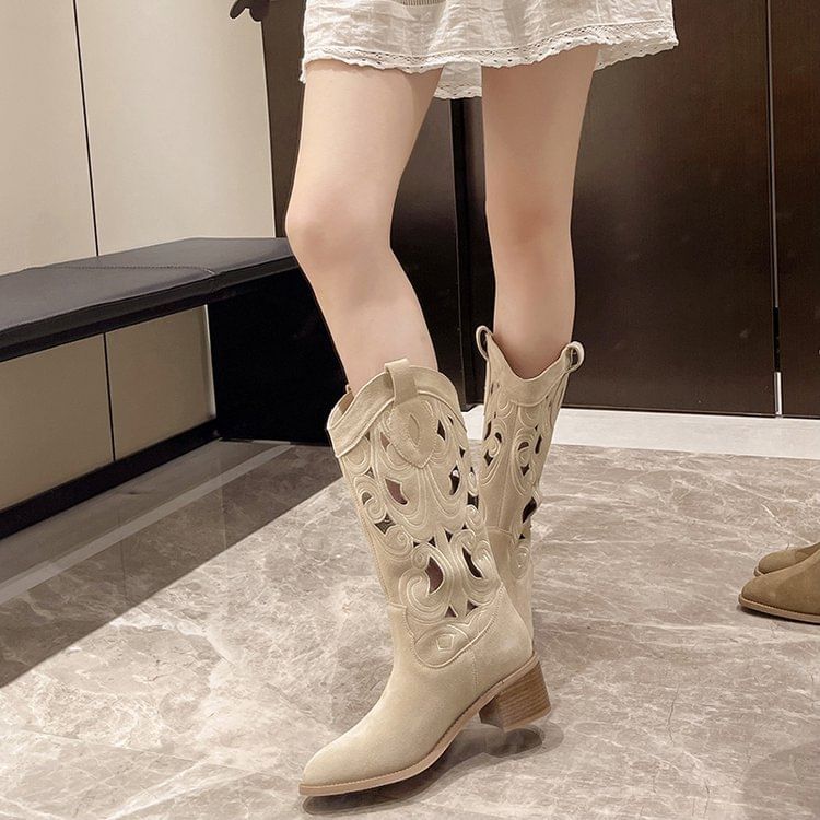 Heel Cutout Boots Mid-Calf Embroidered Chunky