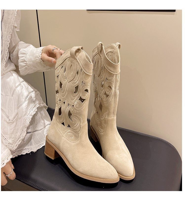 Heel Cutout Boots Mid-Calf Embroidered Chunky