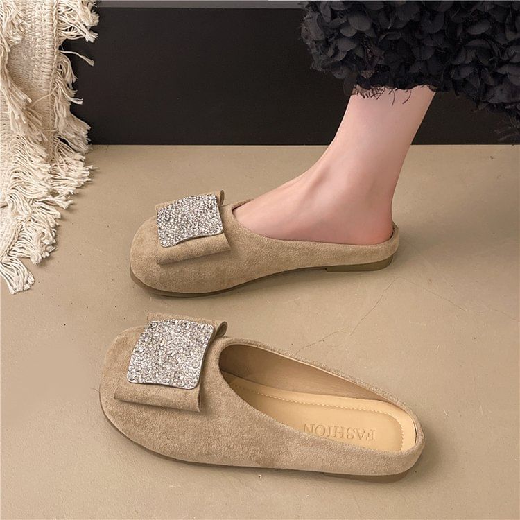 Flat Round Mules Toe Rhinestone