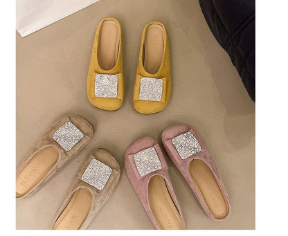 Flat Round Mules Toe Rhinestone