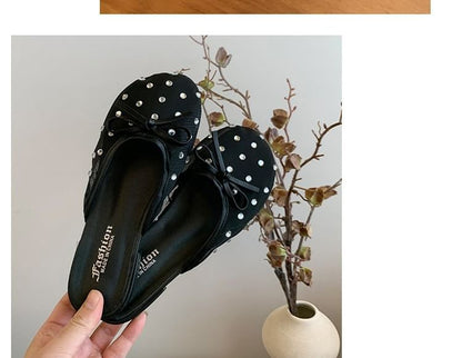 Mules Bow Mesh Rhinestone