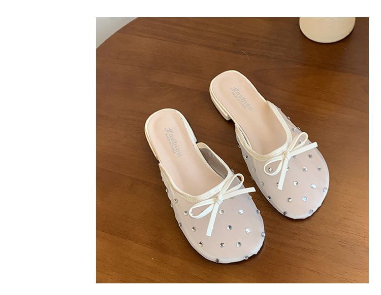 Mules Bow Mesh Rhinestone