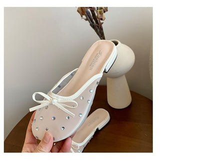 Mules Bow Mesh Rhinestone