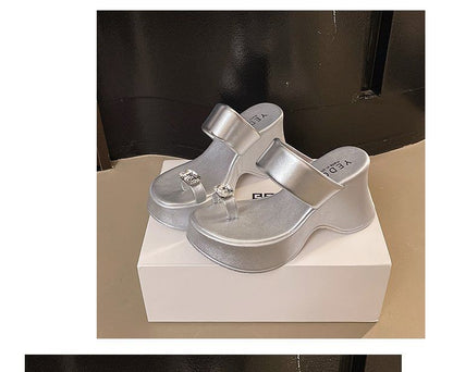 Platform Slide Heel Sandals Rhinestone Wedge Loop Toe