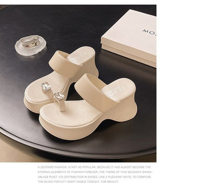 Platform Slide Heel Sandals Rhinestone Wedge Loop Toe