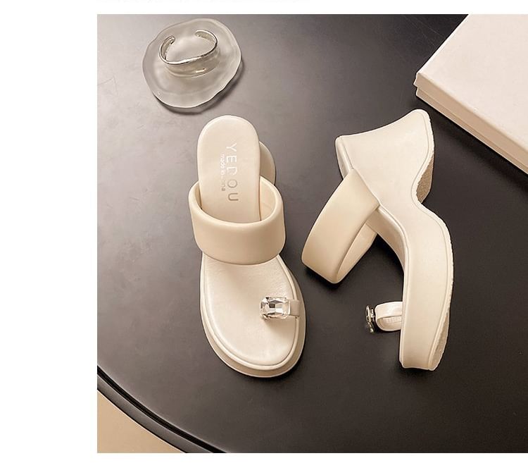 Platform Slide Heel Sandals Rhinestone Wedge Loop Toe
