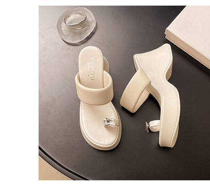 Platform Slide Heel Sandals Rhinestone Wedge Loop Toe