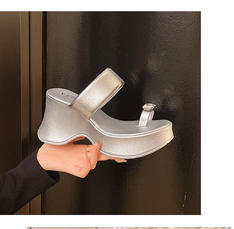 Platform Slide Heel Sandals Rhinestone Wedge Loop Toe