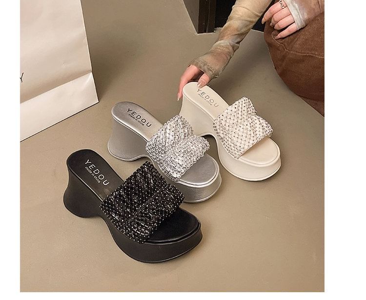 Sandals Platform Heel Rhinestone Slide Wedge