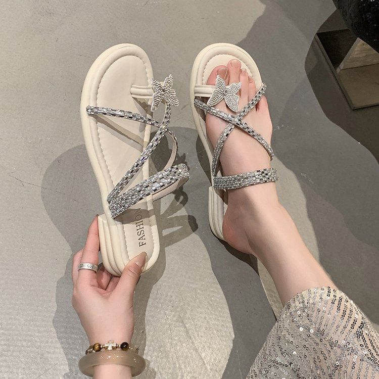 Butterfly Criss Cross Toe Rhinestone Sandals Slide Loop