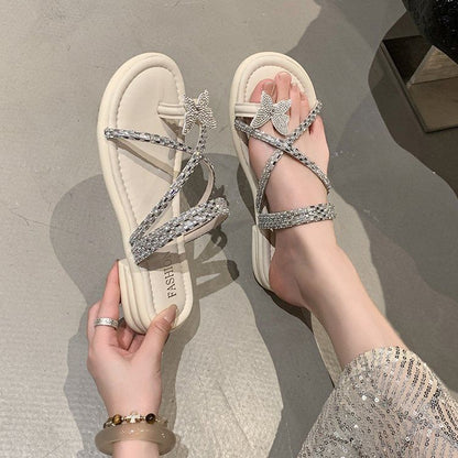 Butterfly Criss Cross Toe Rhinestone Sandals Slide Loop