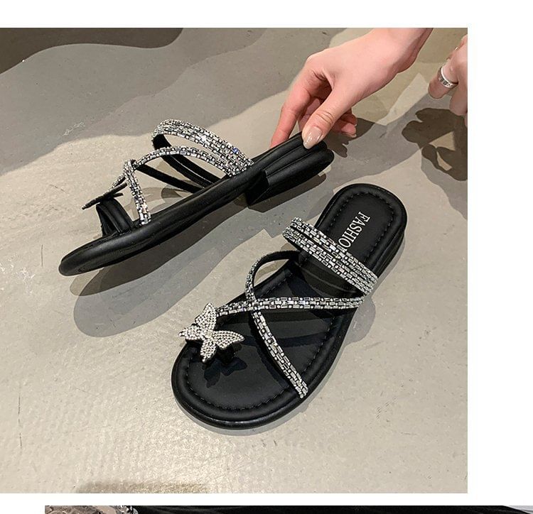 Butterfly Criss Cross Toe Rhinestone Sandals Slide Loop