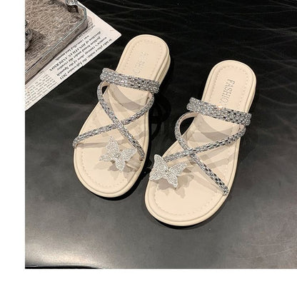 Butterfly Criss Cross Toe Rhinestone Sandals Slide Loop