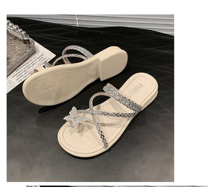 Butterfly Criss Cross Toe Rhinestone Sandals Slide Loop
