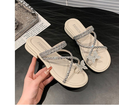 Butterfly Criss Cross Toe Rhinestone Sandals Slide Loop