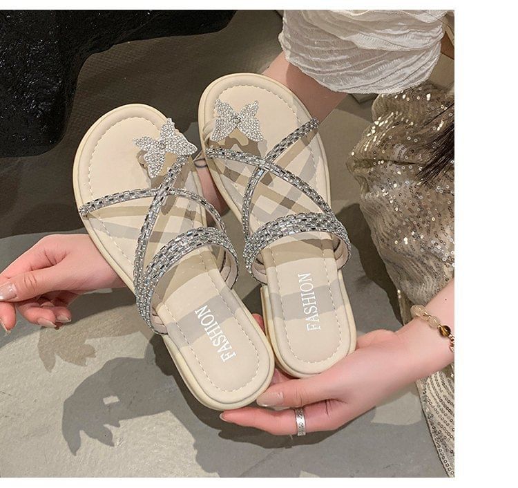 Butterfly Criss Cross Toe Rhinestone Sandals Slide Loop