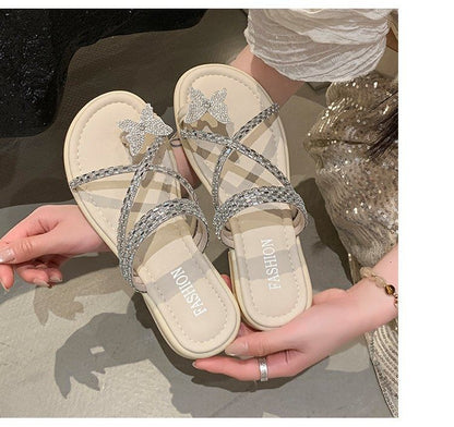 Butterfly Criss Cross Toe Rhinestone Sandals Slide Loop