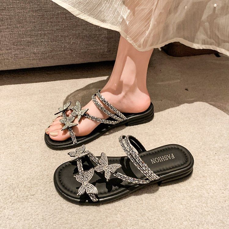 Strappy Slide Butterfly Sandals Rhinestone
