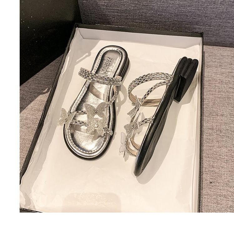 Strappy Slide Butterfly Sandals Rhinestone