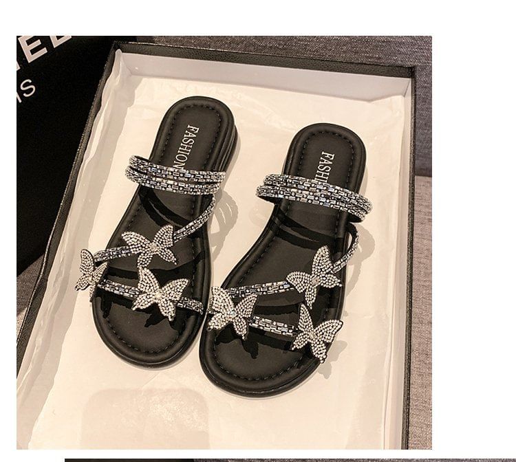 Strappy Slide Butterfly Sandals Rhinestone