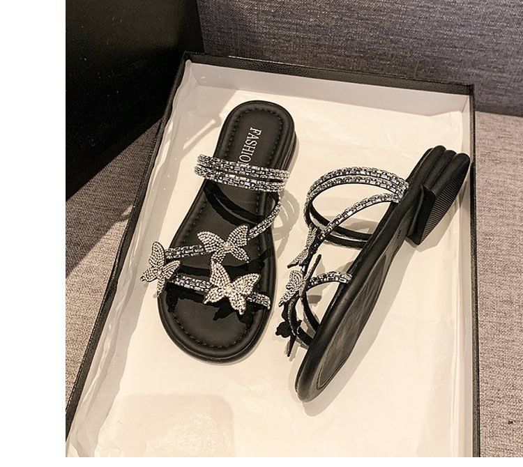 Strappy Slide Butterfly Sandals Rhinestone