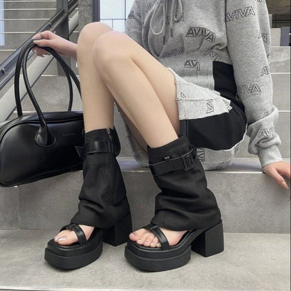 Set: Sandals + Leg Slingback Chunky Buckled Warmers Heel Platform