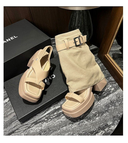 Set: Sandals + Leg Slingback Chunky Buckled Warmers Heel Platform