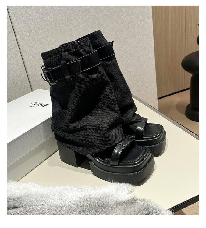 Set: Sandals + Leg Slingback Chunky Buckled Warmers Heel Platform