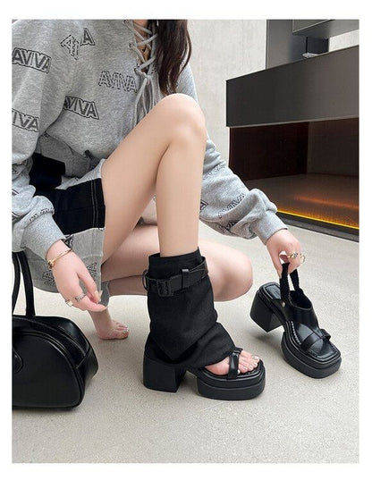 Set: Sandals + Leg Slingback Chunky Buckled Warmers Heel Platform