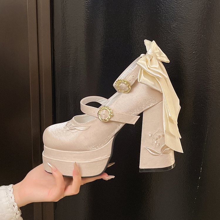 Chunky Embroidered Mary Platform Shoes Bow Jane Heel