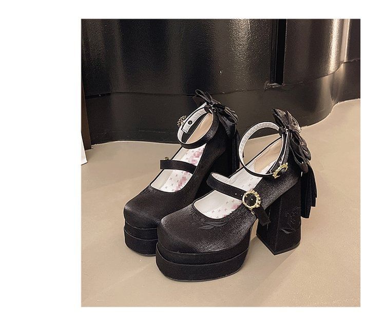 Chunky Embroidered Mary Platform Shoes Bow Jane Heel
