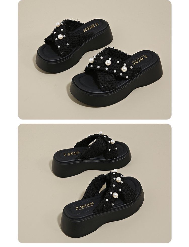 Slide Faux Platform Pearl Sandals Cross Criss