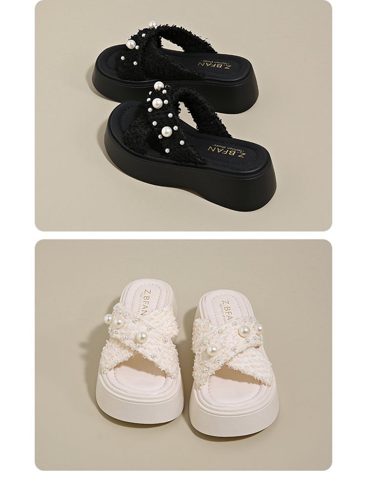 Slide Faux Platform Pearl Sandals Cross Criss