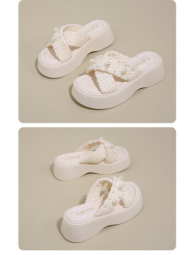Slide Faux Platform Pearl Sandals Cross Criss