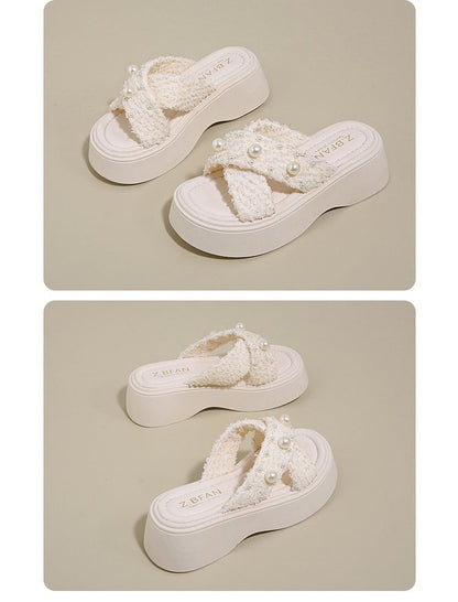 Slide Faux Platform Pearl Sandals Cross Criss