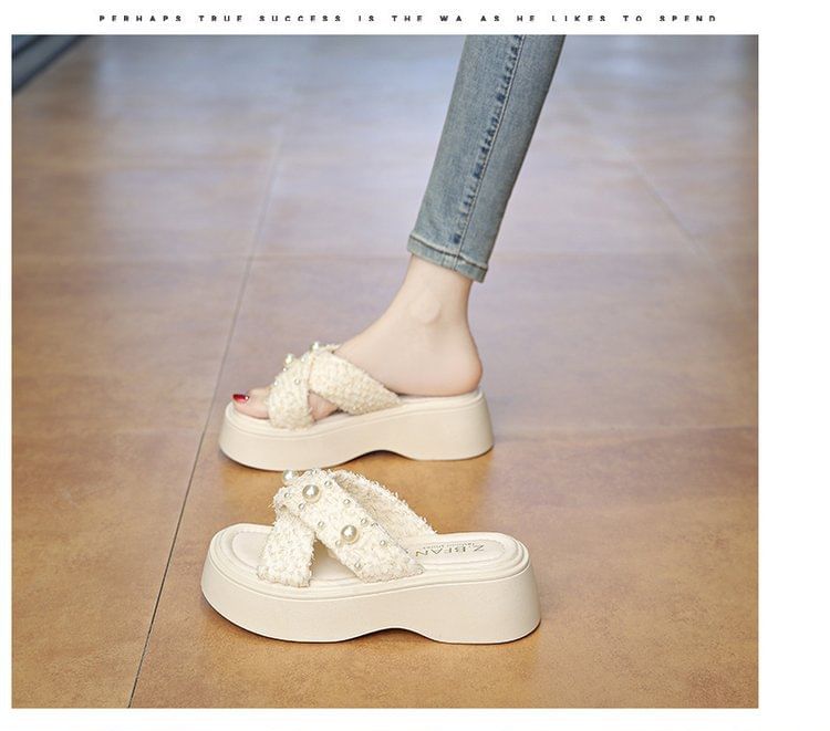 Slide Faux Platform Pearl Sandals Cross Criss