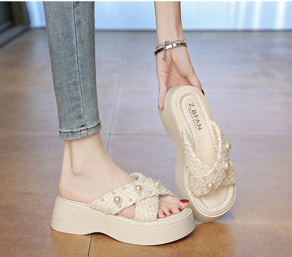 Slide Faux Platform Pearl Sandals Cross Criss