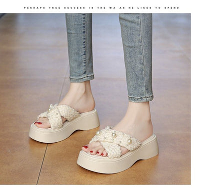 Slide Faux Platform Pearl Sandals Cross Criss