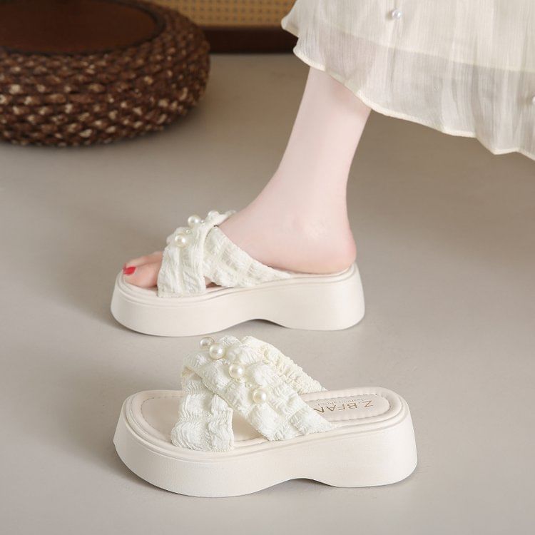 Slide Criss Faux Platform Pearl Sandals Cross