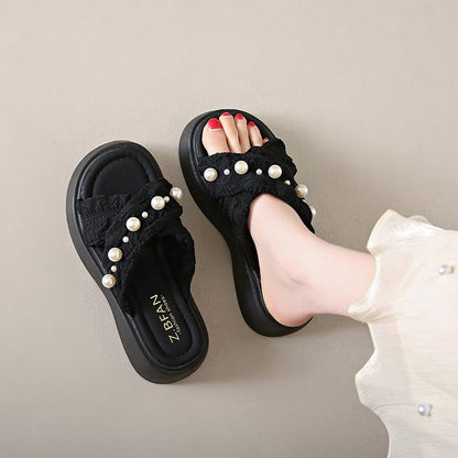 Slide Criss Faux Platform Pearl Sandals Cross