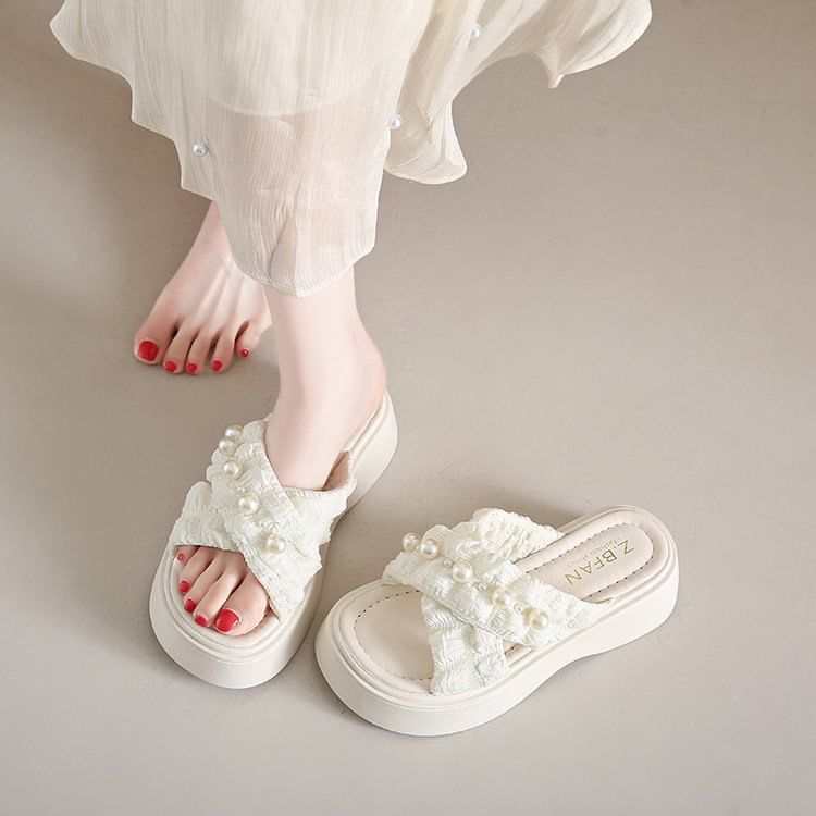 Slide Criss Faux Platform Pearl Sandals Cross