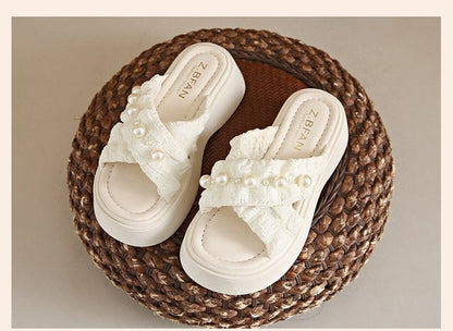 Slide Criss Faux Platform Pearl Sandals Cross