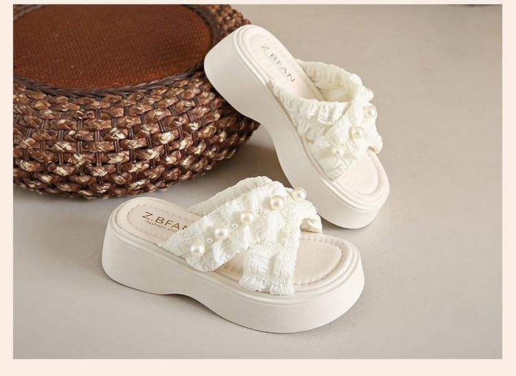 Slide Criss Faux Platform Pearl Sandals Cross