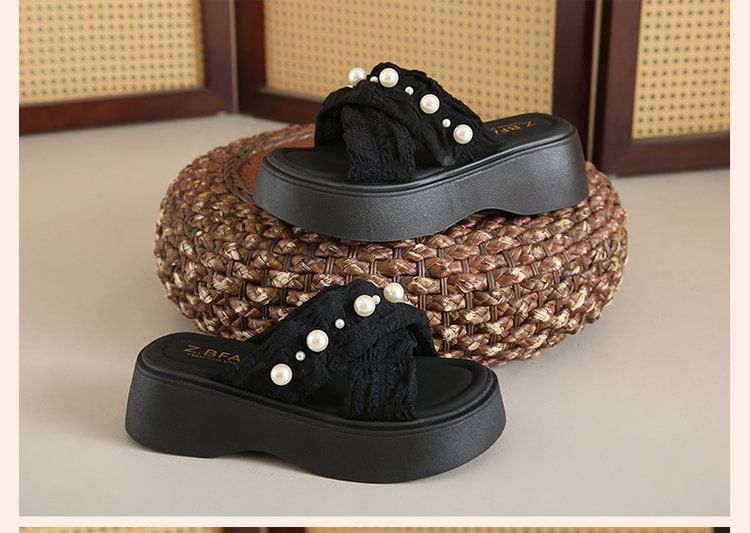 Slide Criss Faux Platform Pearl Sandals Cross