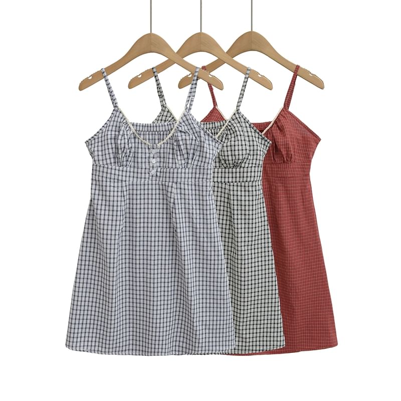 Spaghetti Strap V-Neck Plaid Mini A-Line Dress