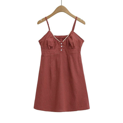 Spaghetti Strap V-Neck Plaid Mini A-Line Dress