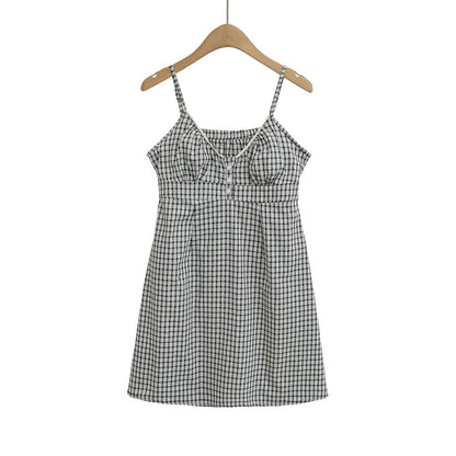 Spaghetti Strap V-Neck Plaid Mini A-Line Dress