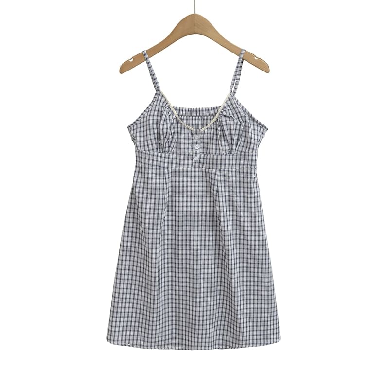 Spaghetti Strap V-Neck Plaid Mini A-Line Dress